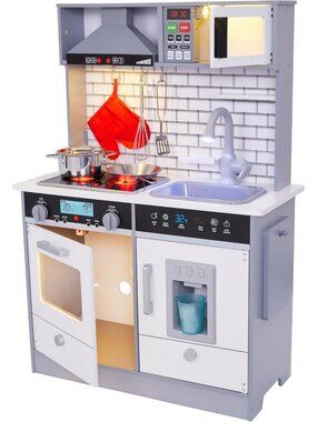 Wooden Play Kitchen Set for Kids - Interactive Lights & Sounds, Gray, Medium